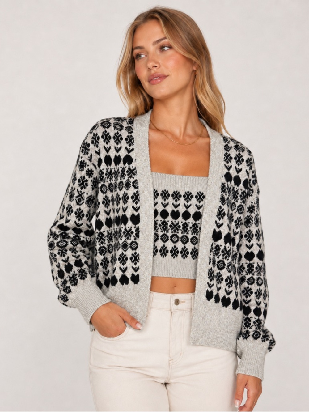River Island Gray Black Fair Isle Patterned Cardigan Sweater Tank Matching Set